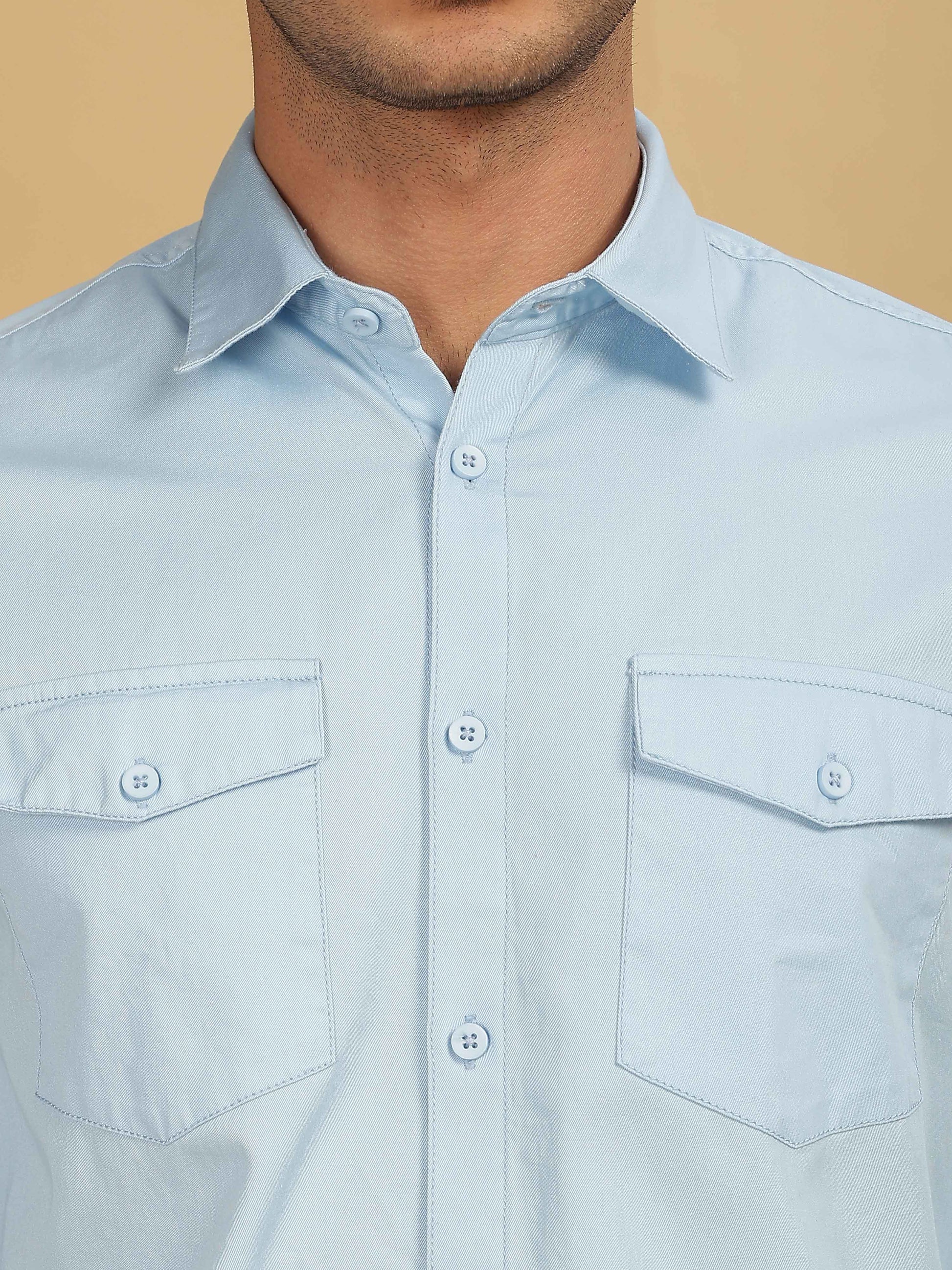 Double Pocket Sky Blue Colour Shirt for Men
