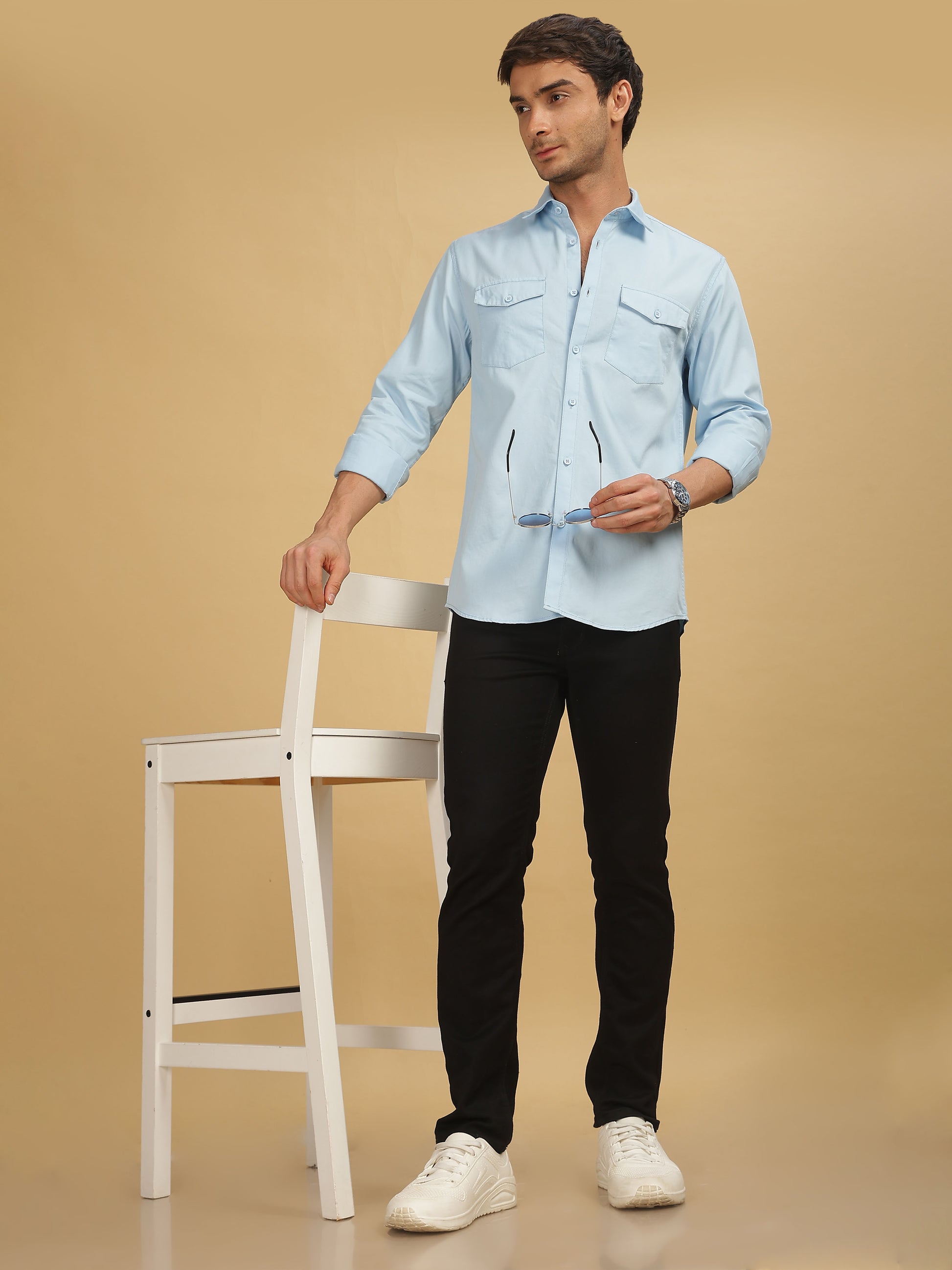 Double Pocket Sky Blue Colour Shirt for Men