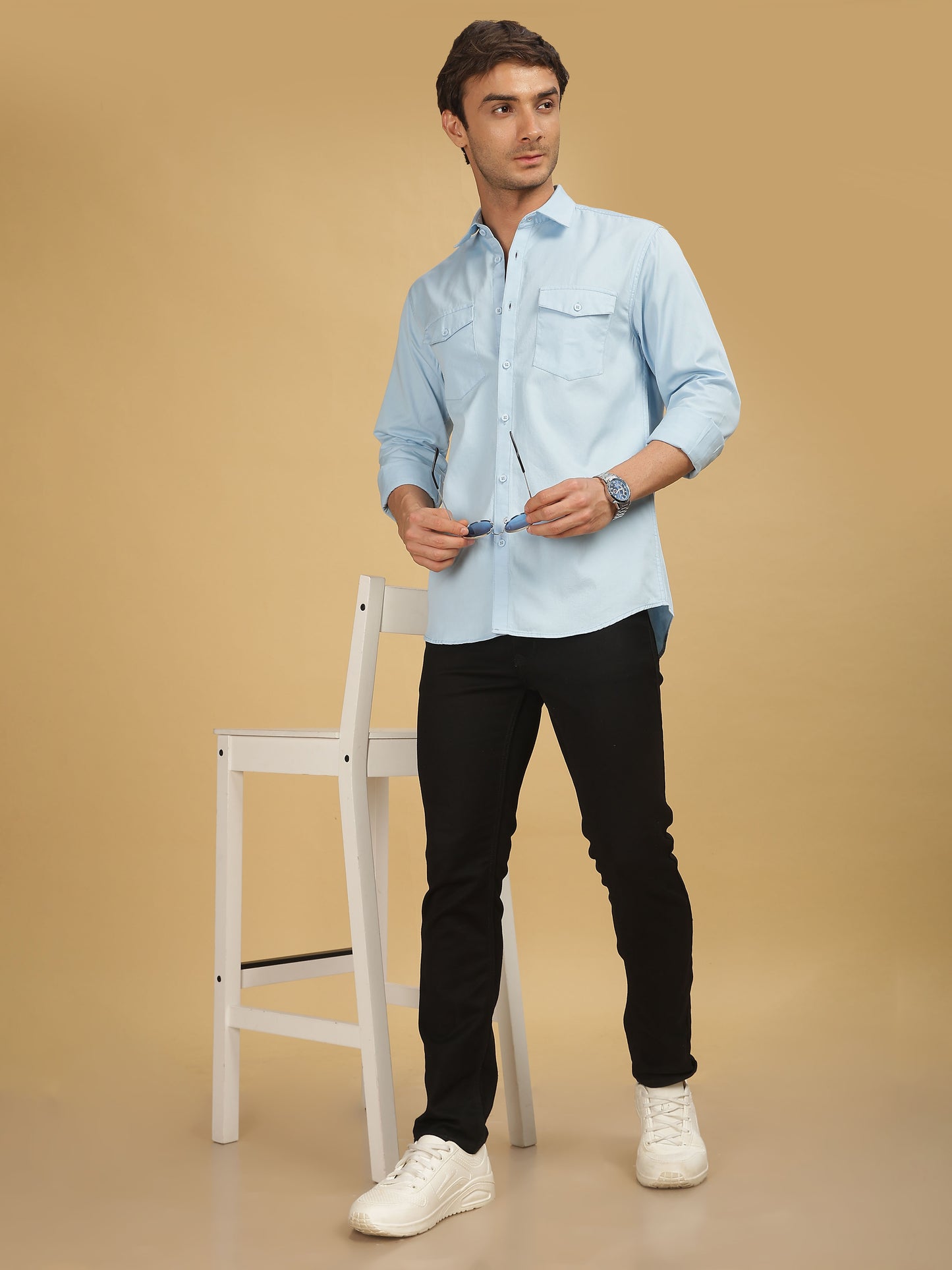 Double Pocket Sky Blue Colour Shirt for Men