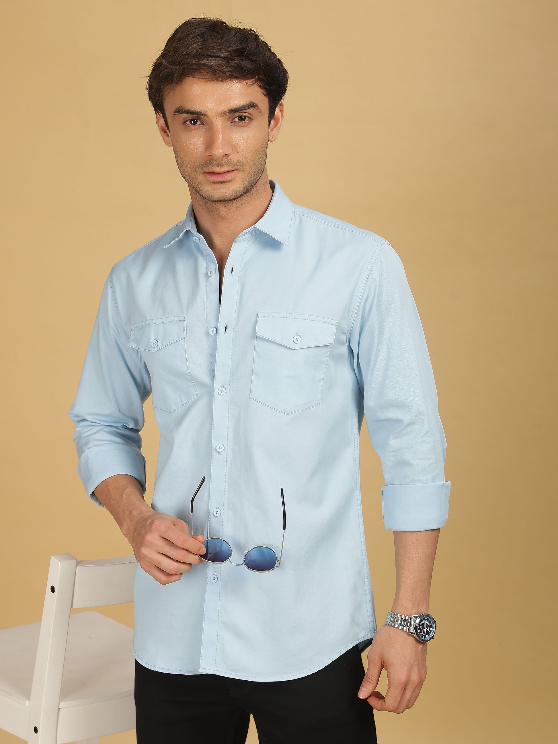 Double Pocket Sky Blue Colour Shirt for Men