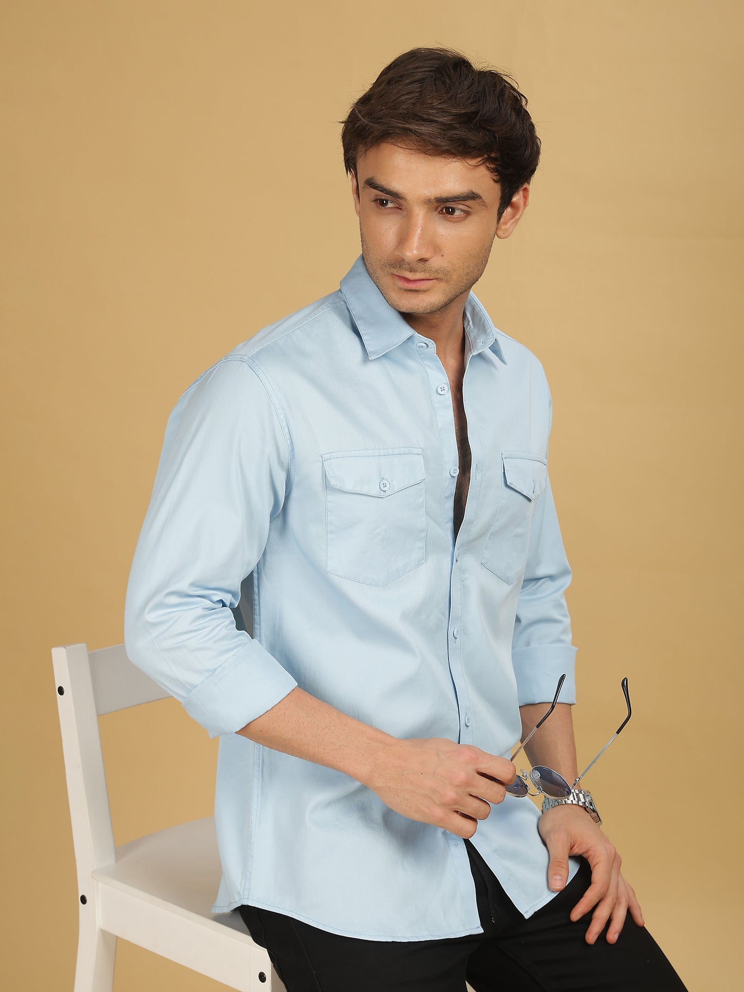Double Pocket Sky Blue Colour Shirt for Men