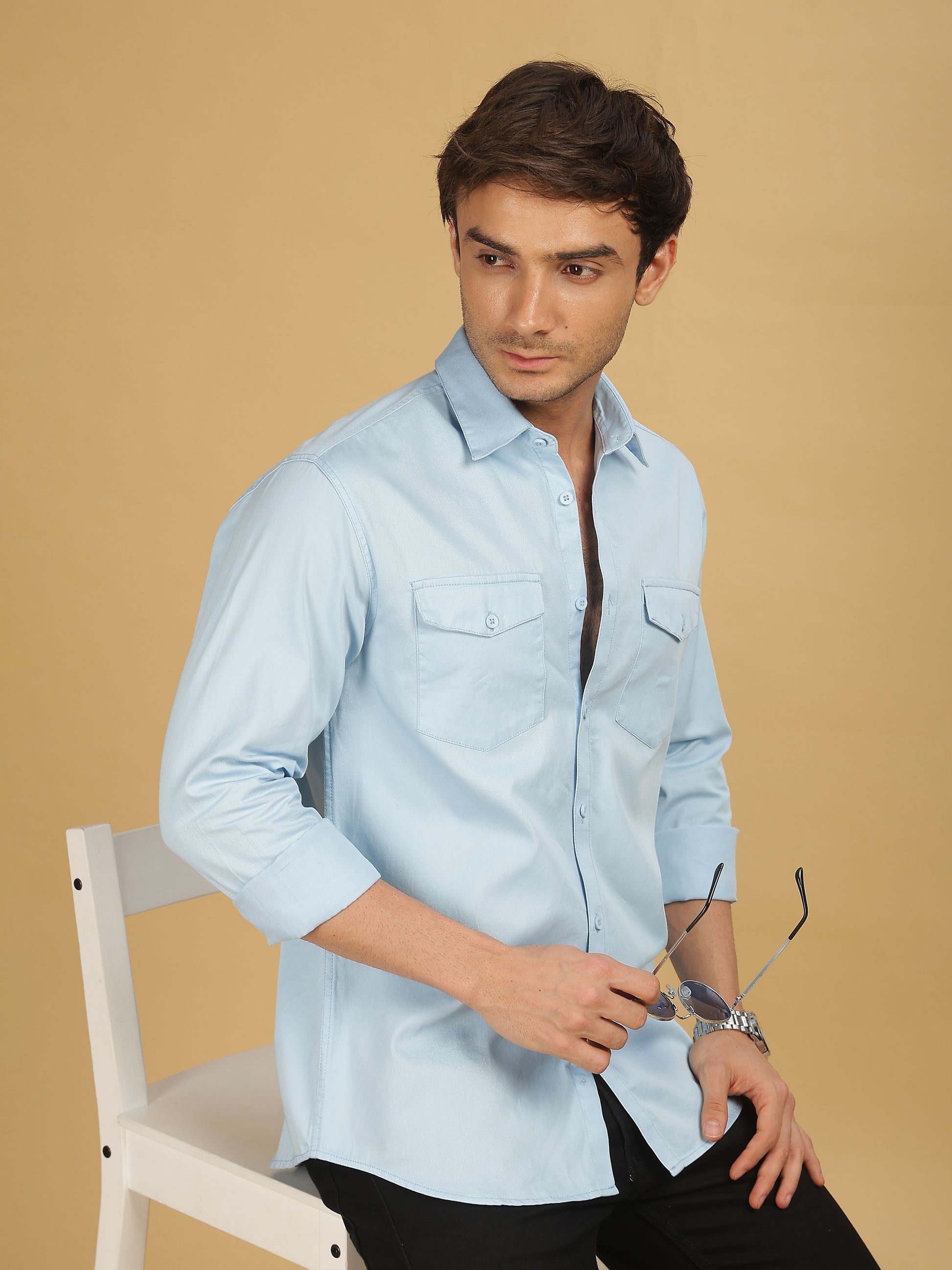 Double Pocket Sky Blue Colour Shirt for Men