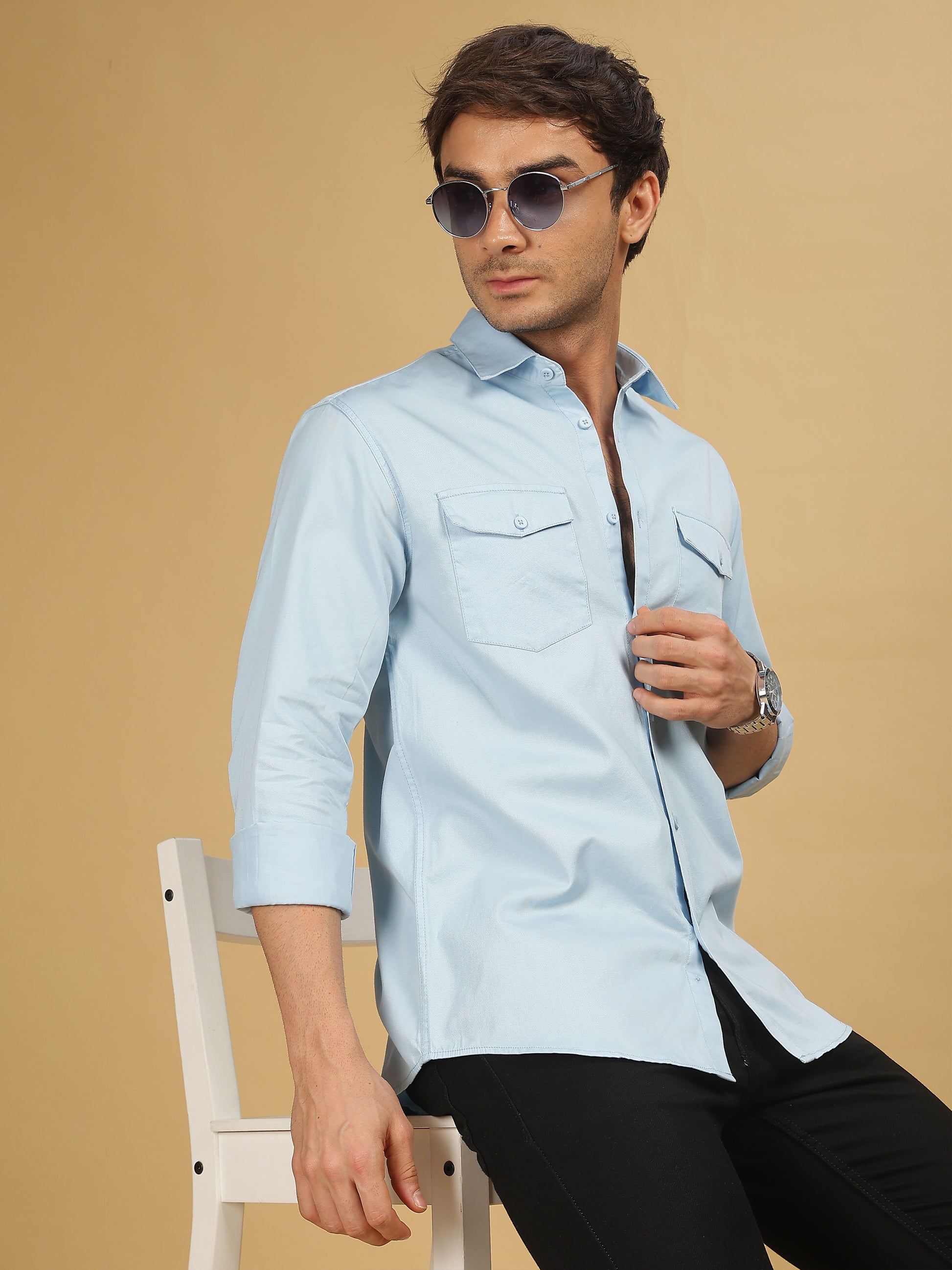 Double Pocket Sky Blue Colour Shirt for Men