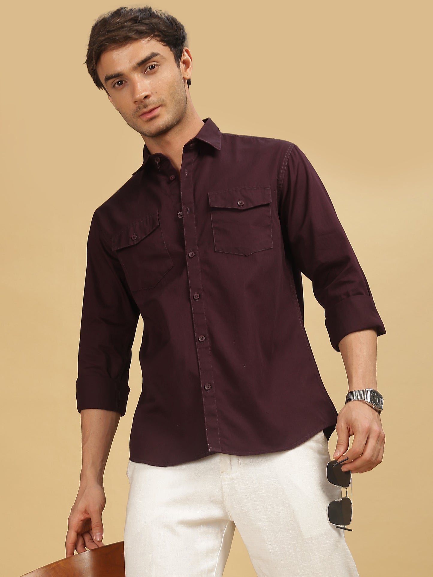Double Pocket Maroon Colour Shirt for Men