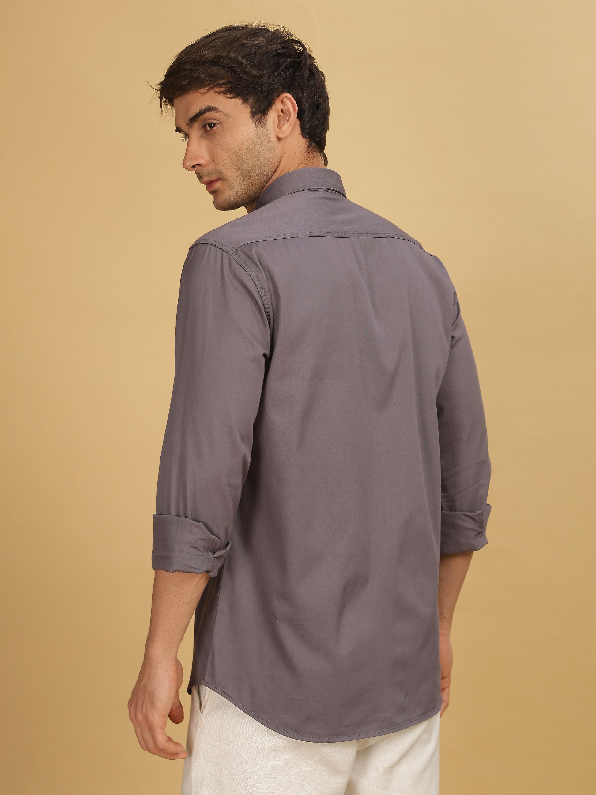 Plain Double Pocket Dark Grey Shirt for Men