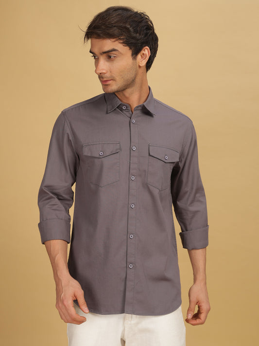 Plain Double Pocket Dark Grey Shirt for Men