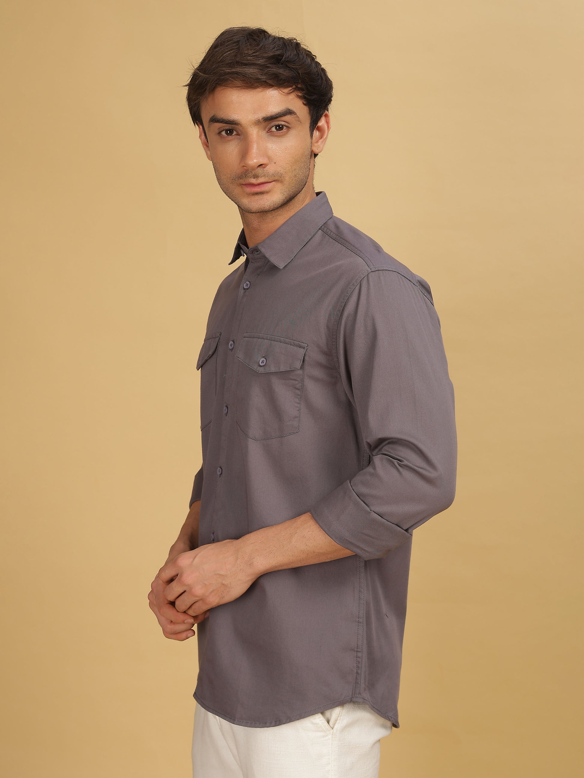 Plain Double Pocket Dark Grey Shirt for Men