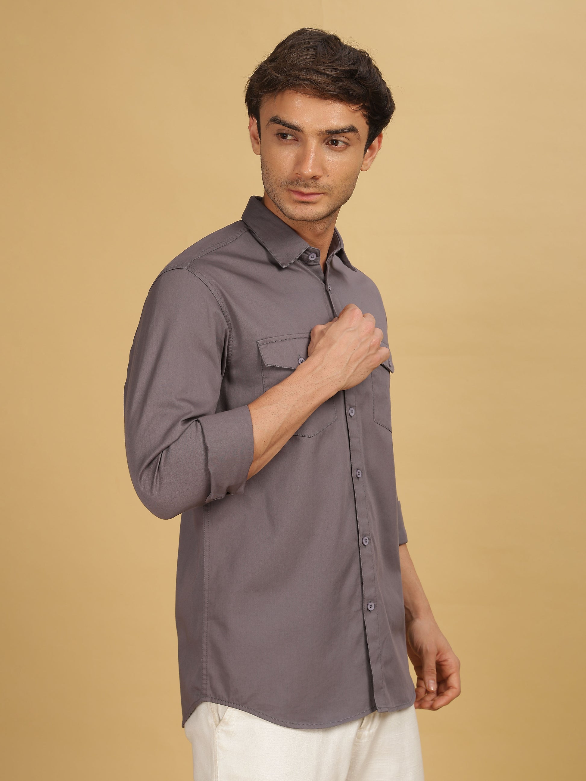 Plain Double Pocket Dark Grey Shirt for Men
