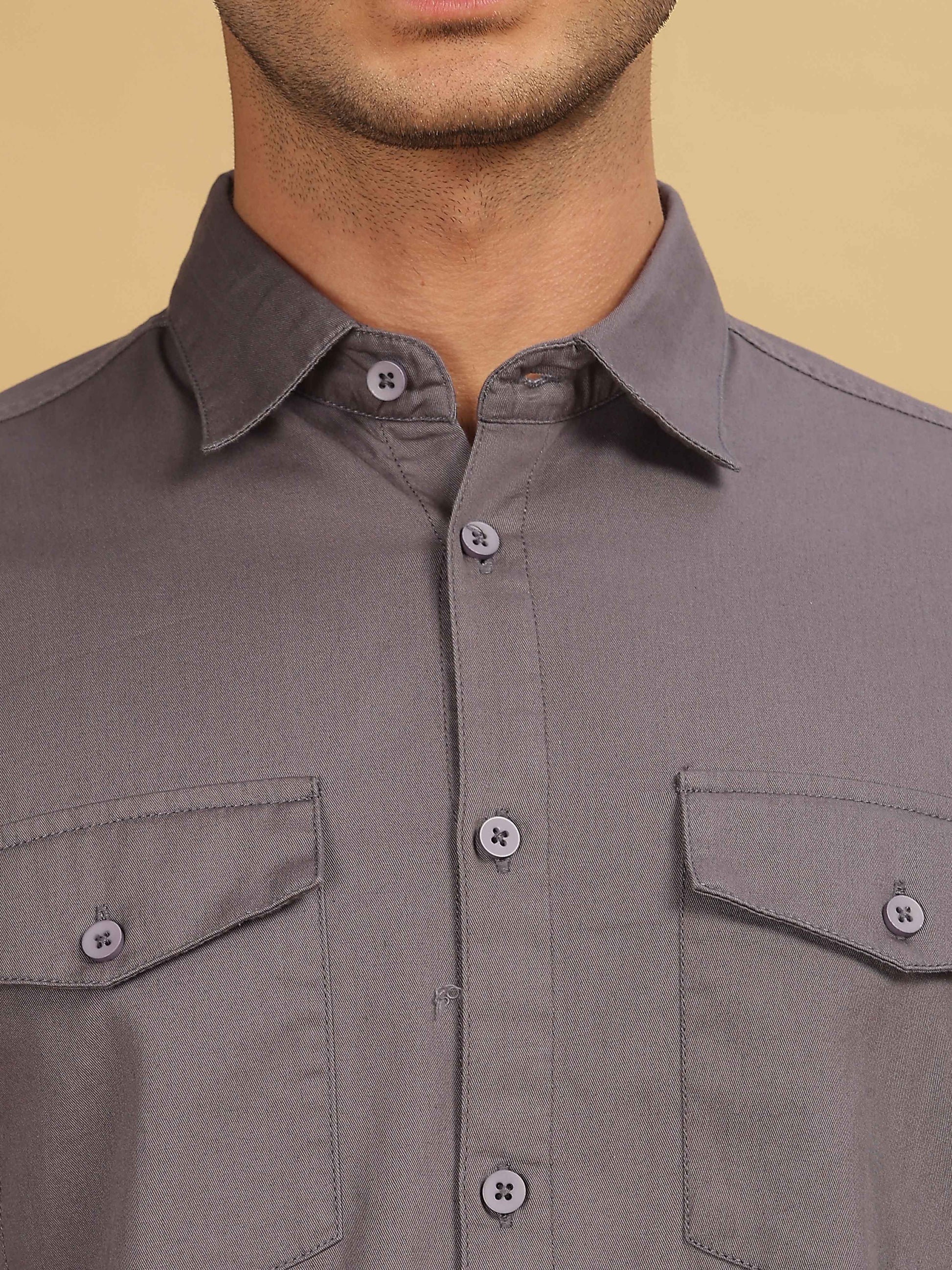 Plain Double Pocket Dark Grey Shirt for Men