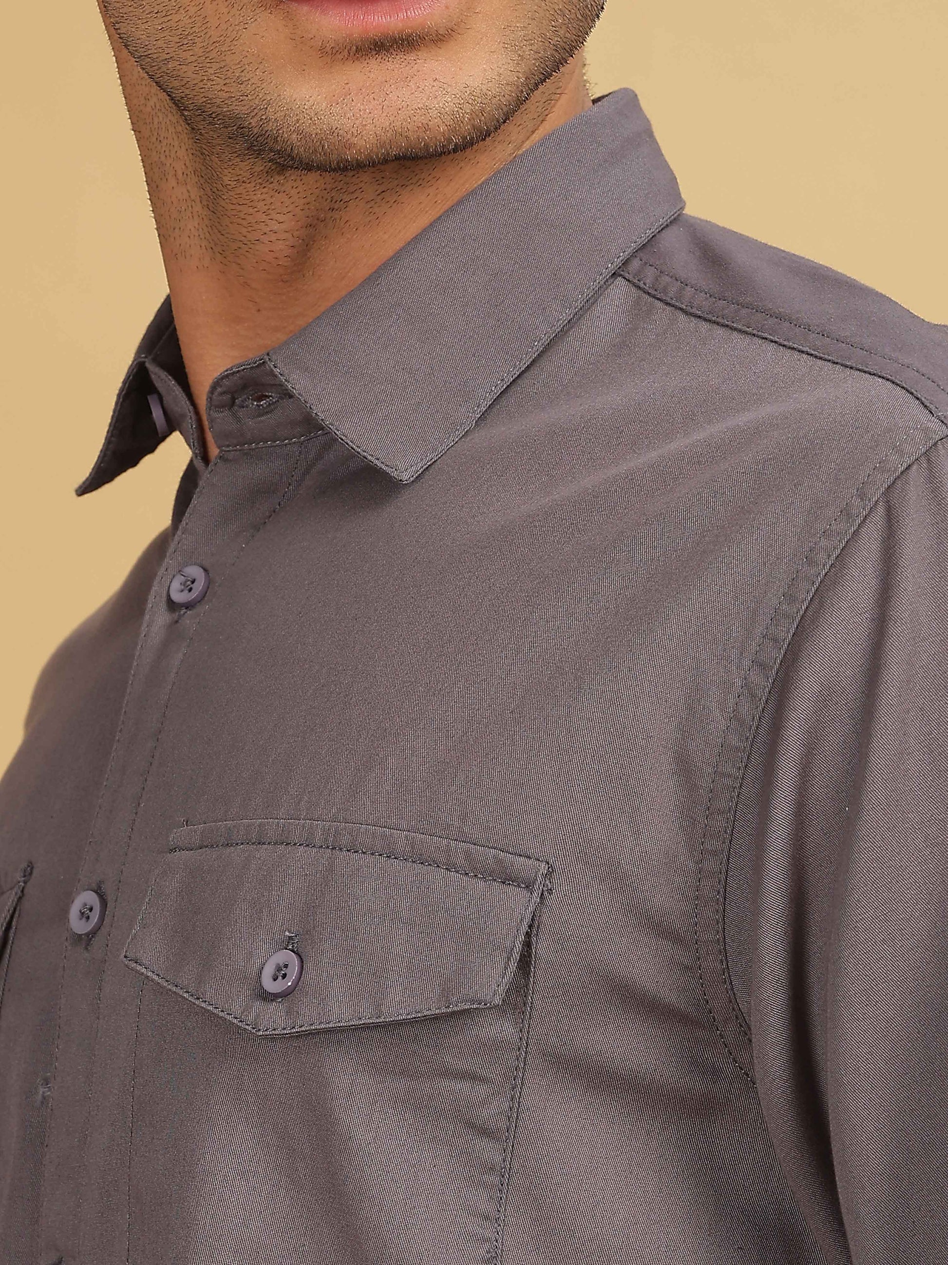 Plain Double Pocket Dark Grey Shirt for Men