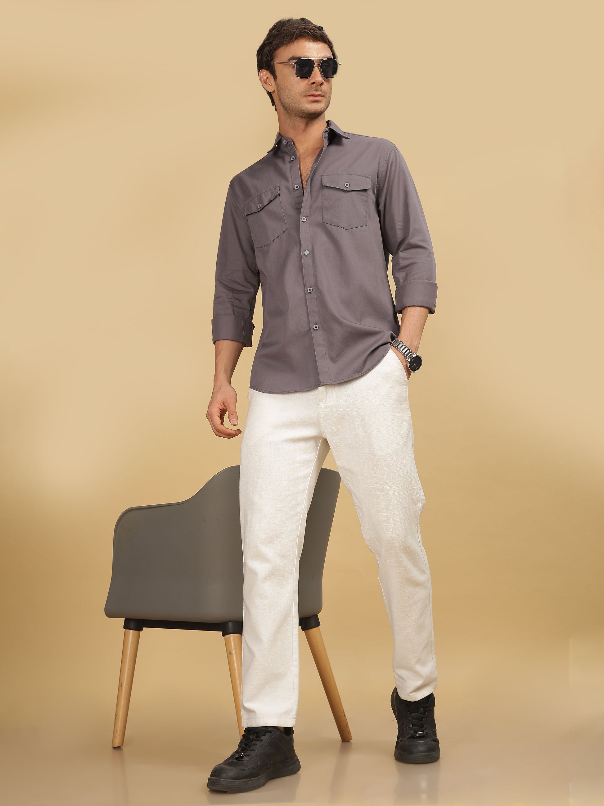 Plain Double Pocket Dark Grey Shirt for Men