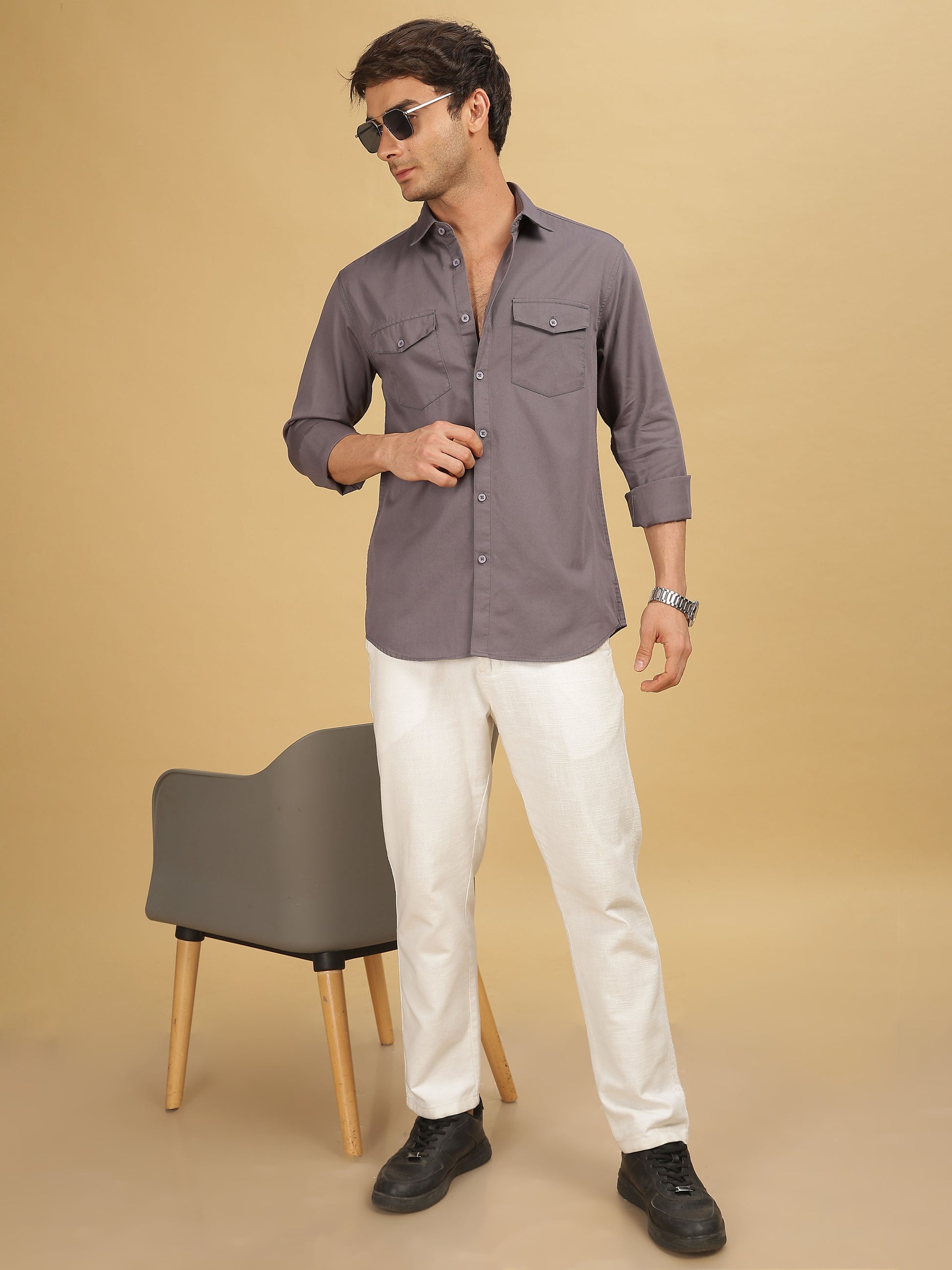 Plain Double Pocket Dark Grey Shirt for Men