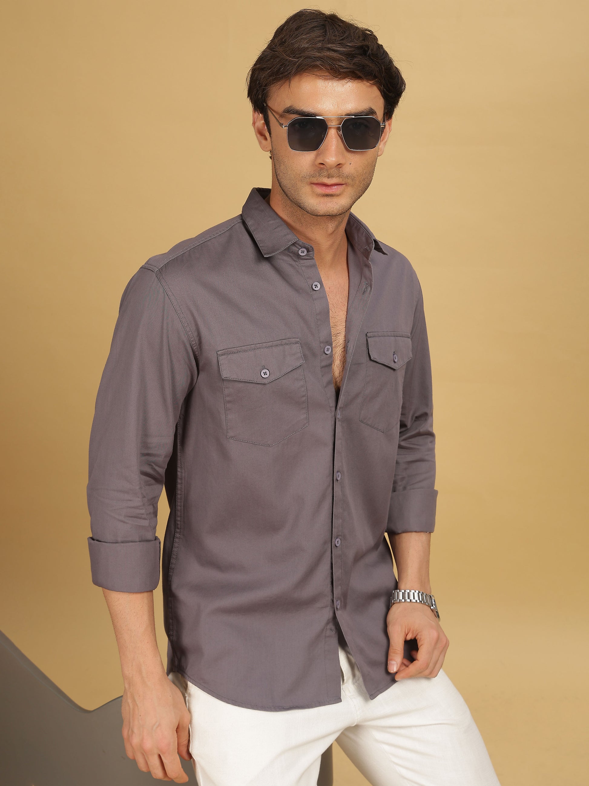 Plain Double Pocket Dark Grey Shirt for Men