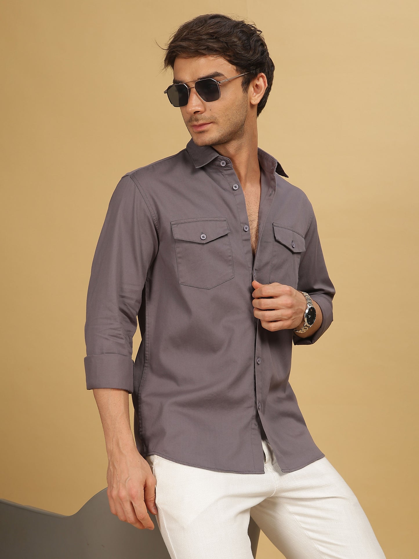 Plain Double Pocket Dark Grey Shirt for Men