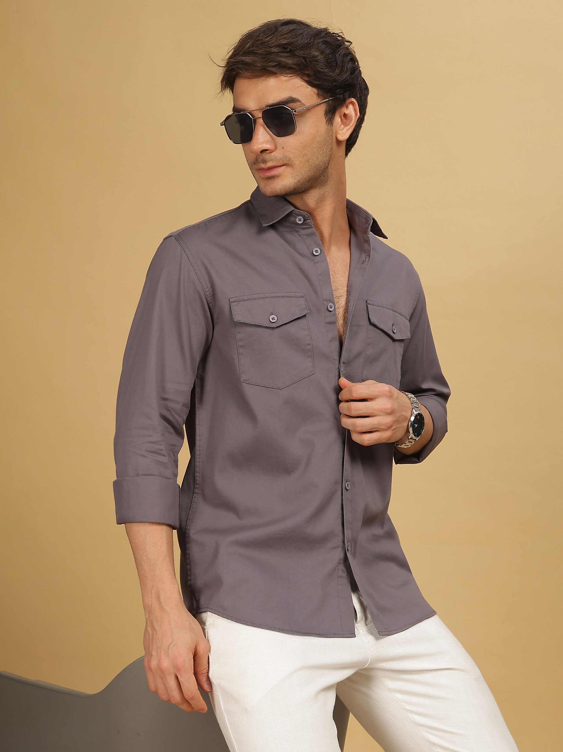 Plain Double Pocket Dark Grey Shirt for Men