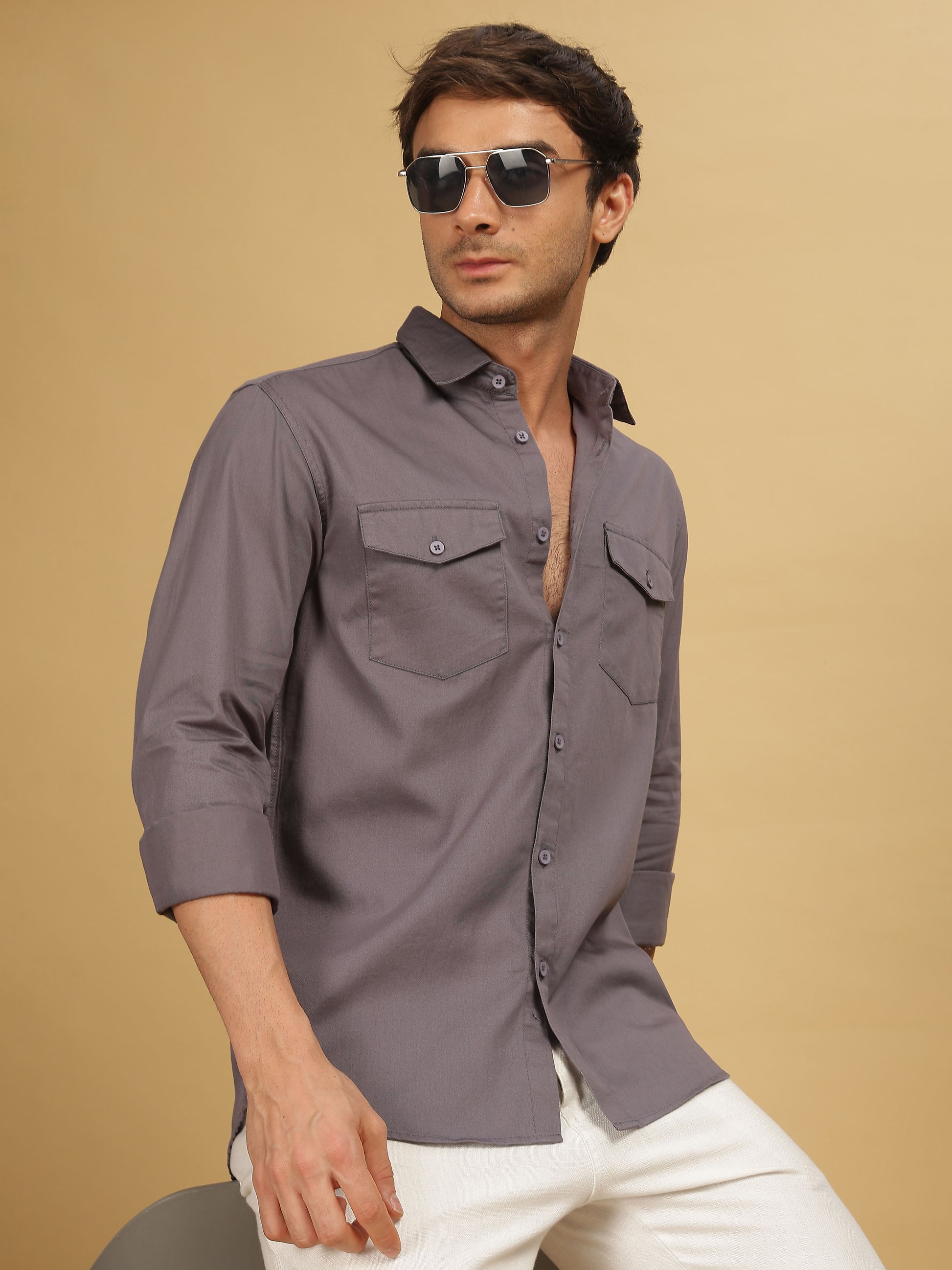 Plain Double Pocket Dark Grey Shirt for Men