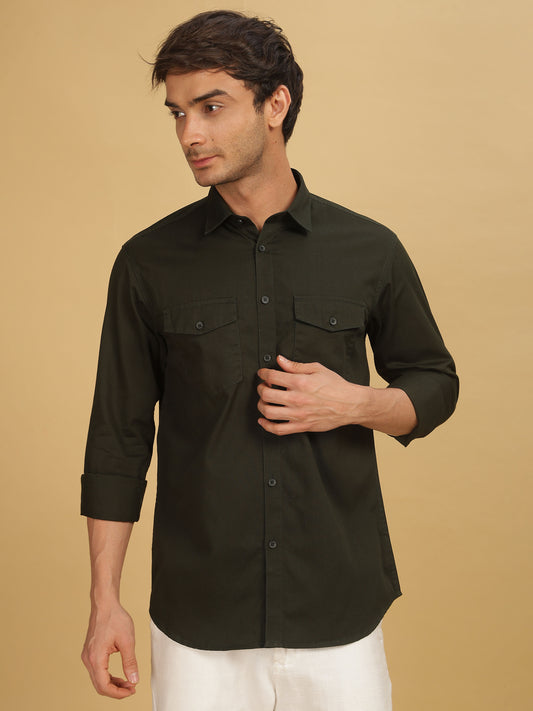 Double Pocket Dark Olive Green Shirt For Men