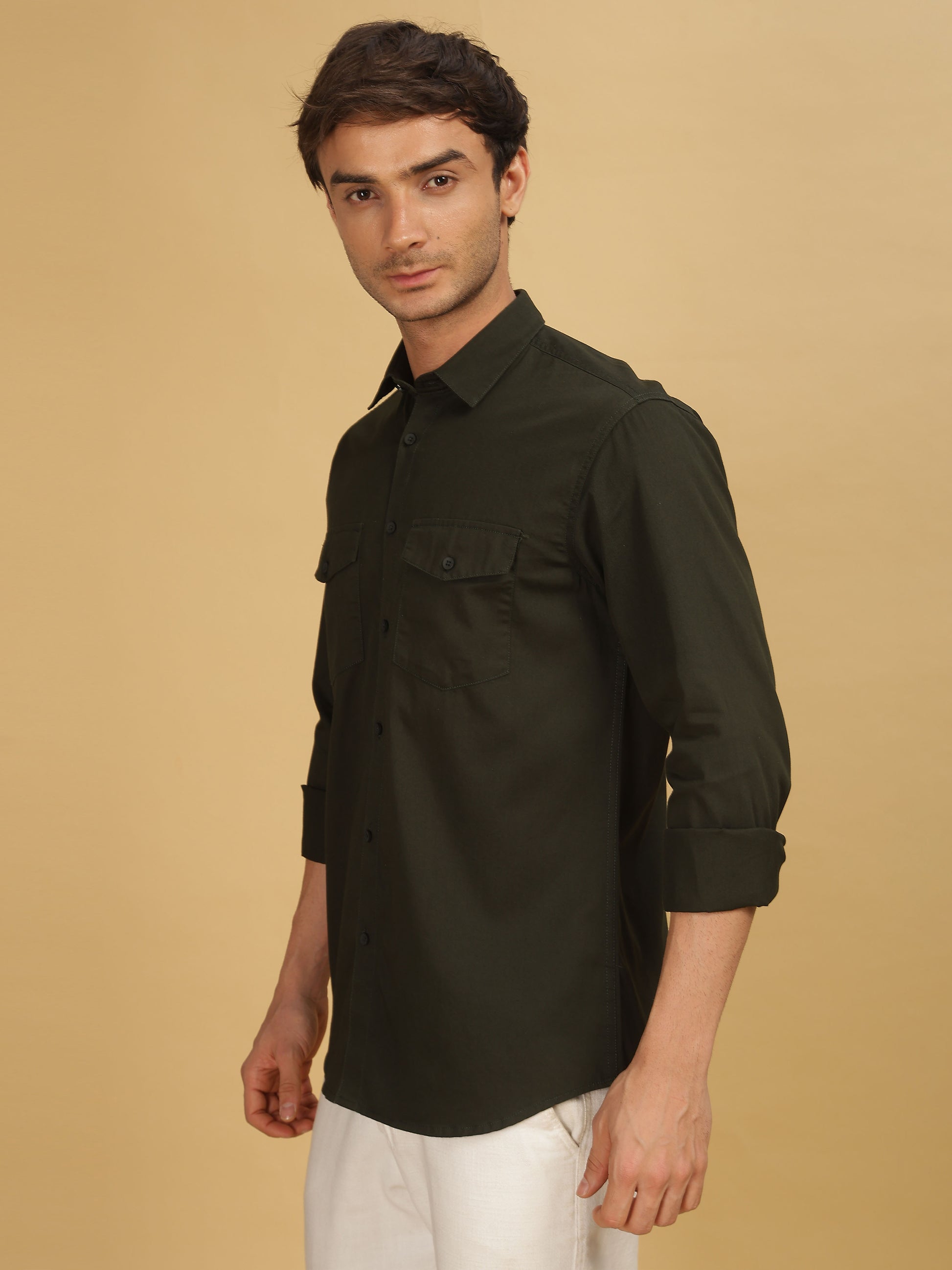Double Pocket Dark Olive Green Shirt For Men