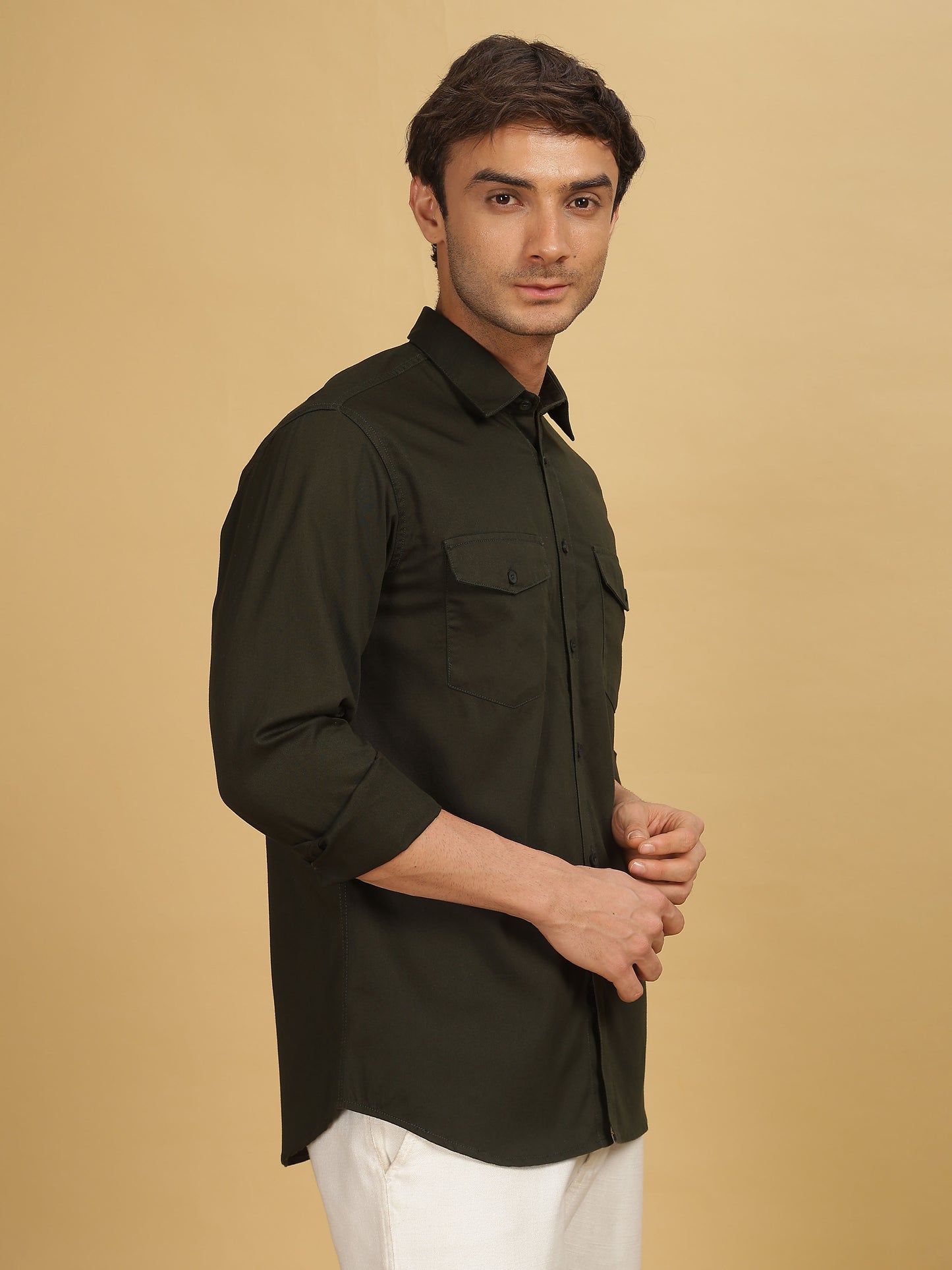 Double Pocket Dark Olive Green Shirt For Men