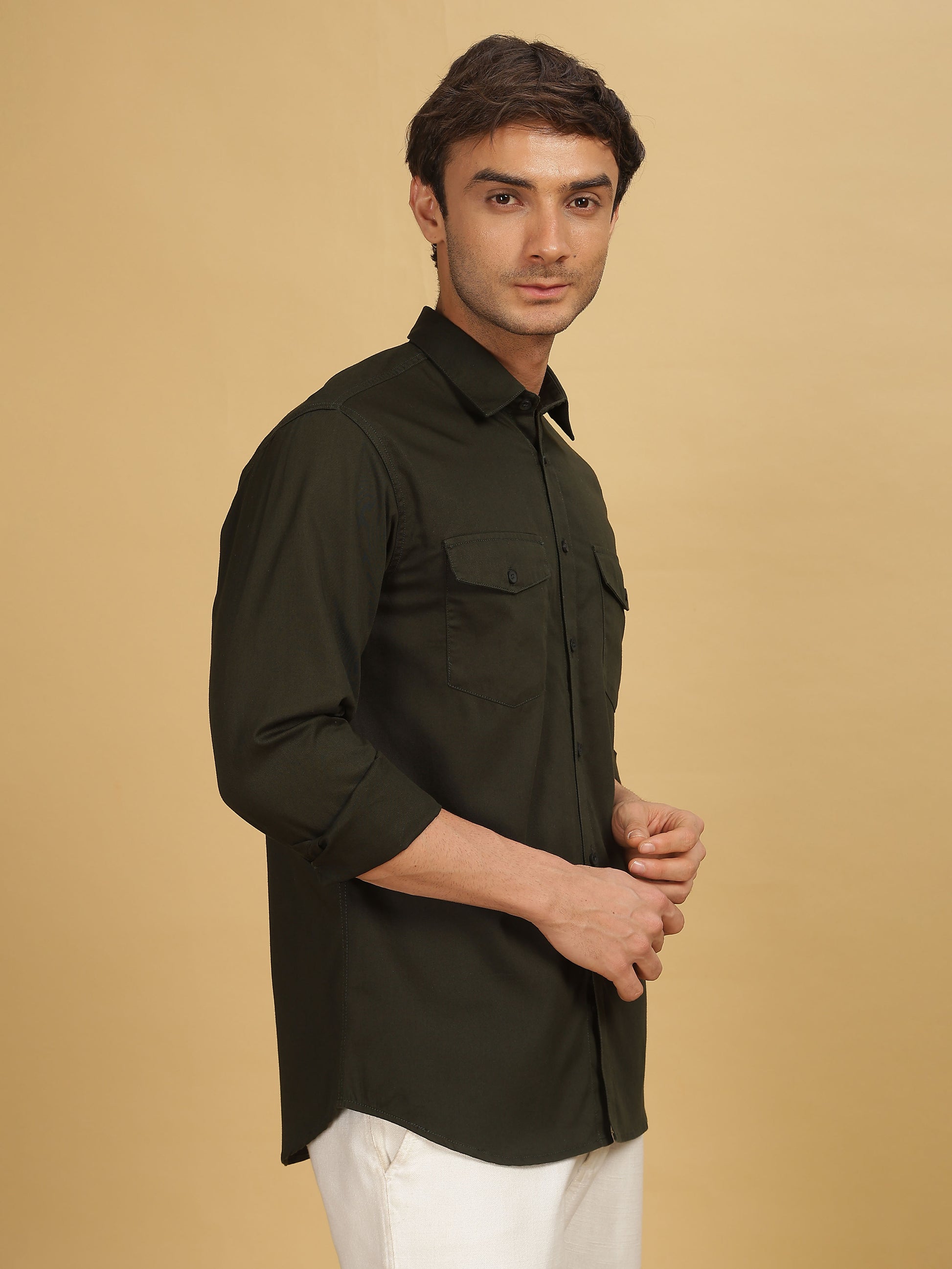 Double Pocket Dark Olive Green Shirt For Men