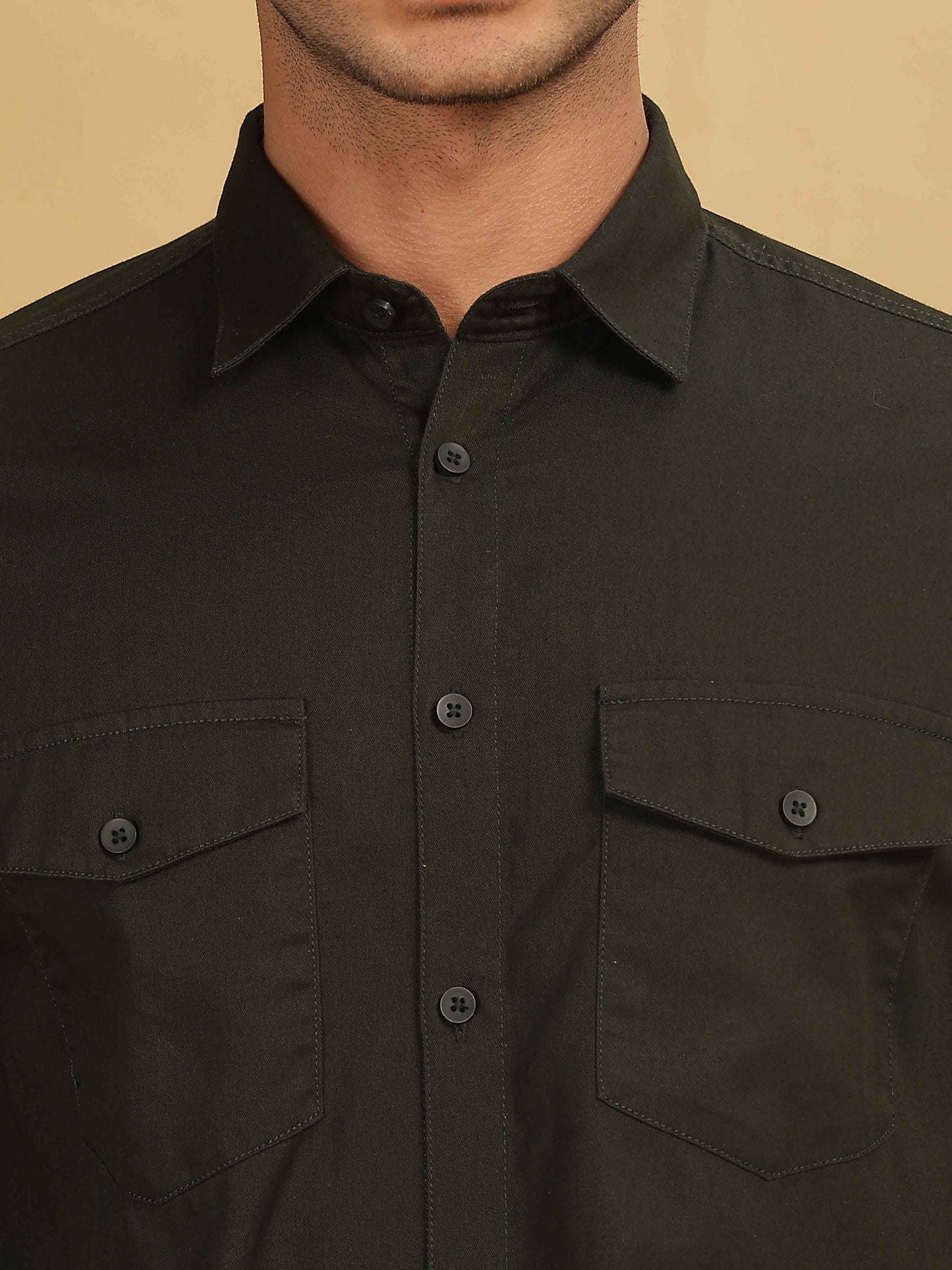 Double Pocket Dark Olive Green Shirt For Men