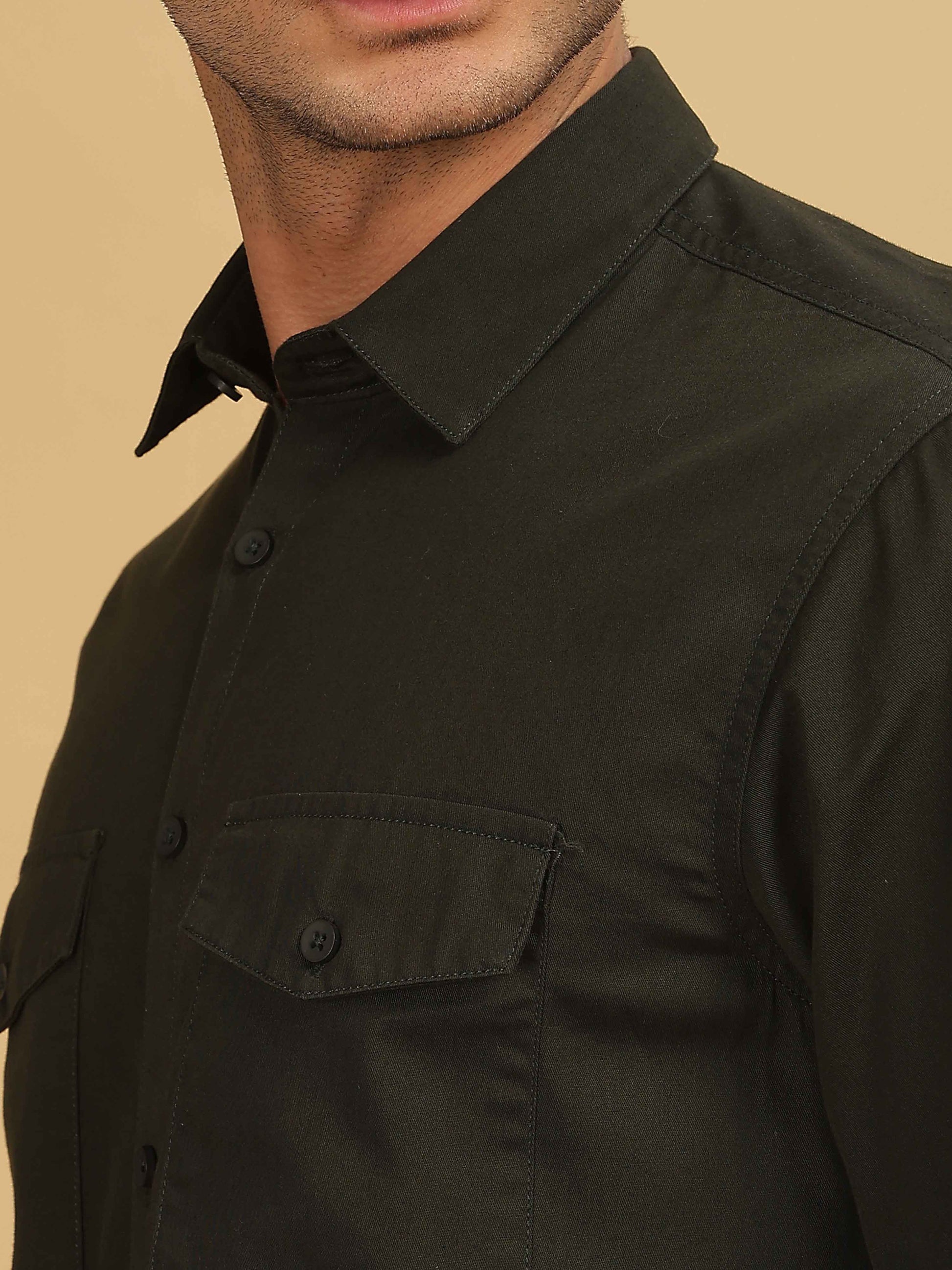 Double Pocket Dark Olive Green Shirt For Men