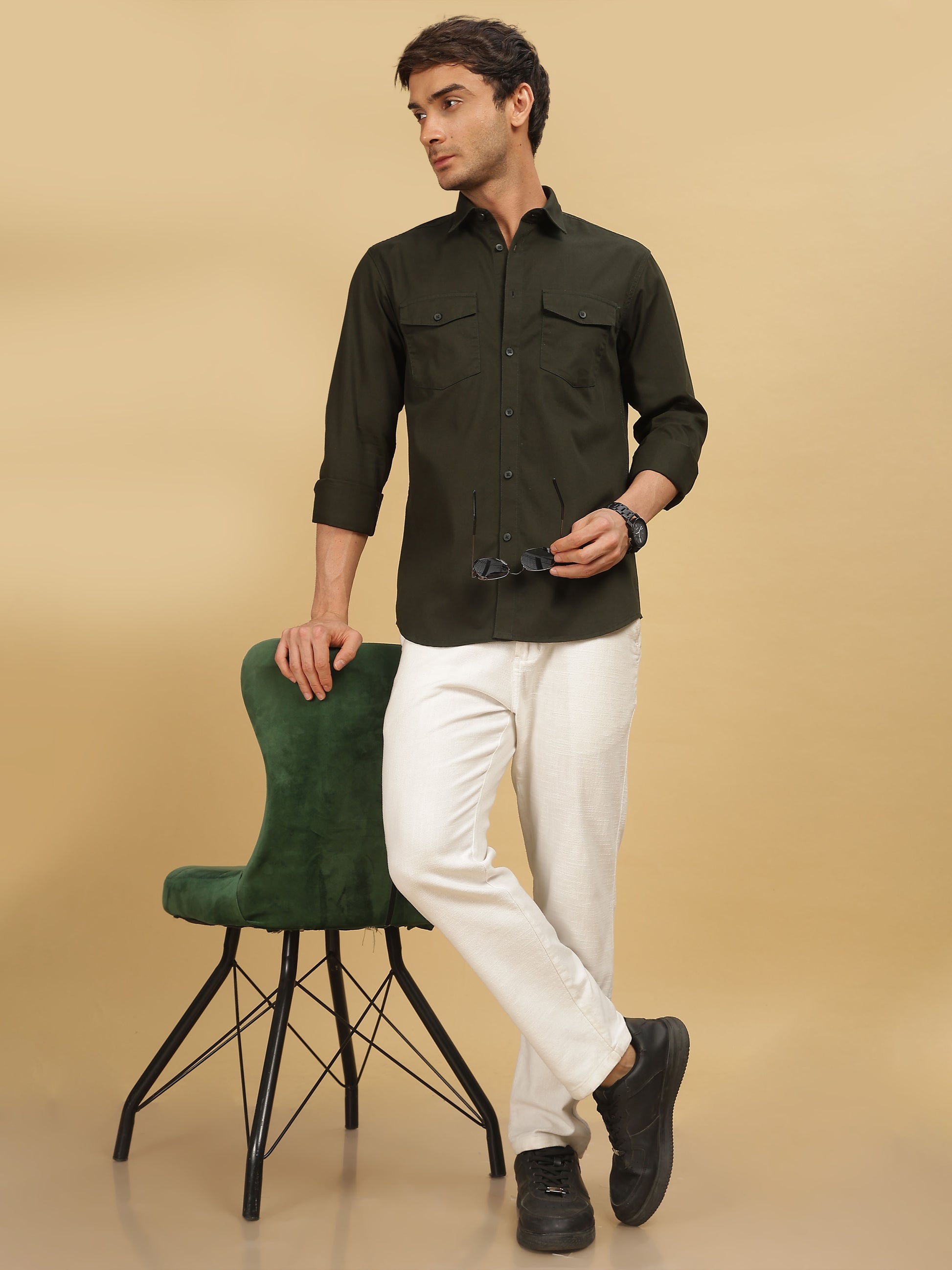 Double Pocket Dark Olive Green Shirt For Men