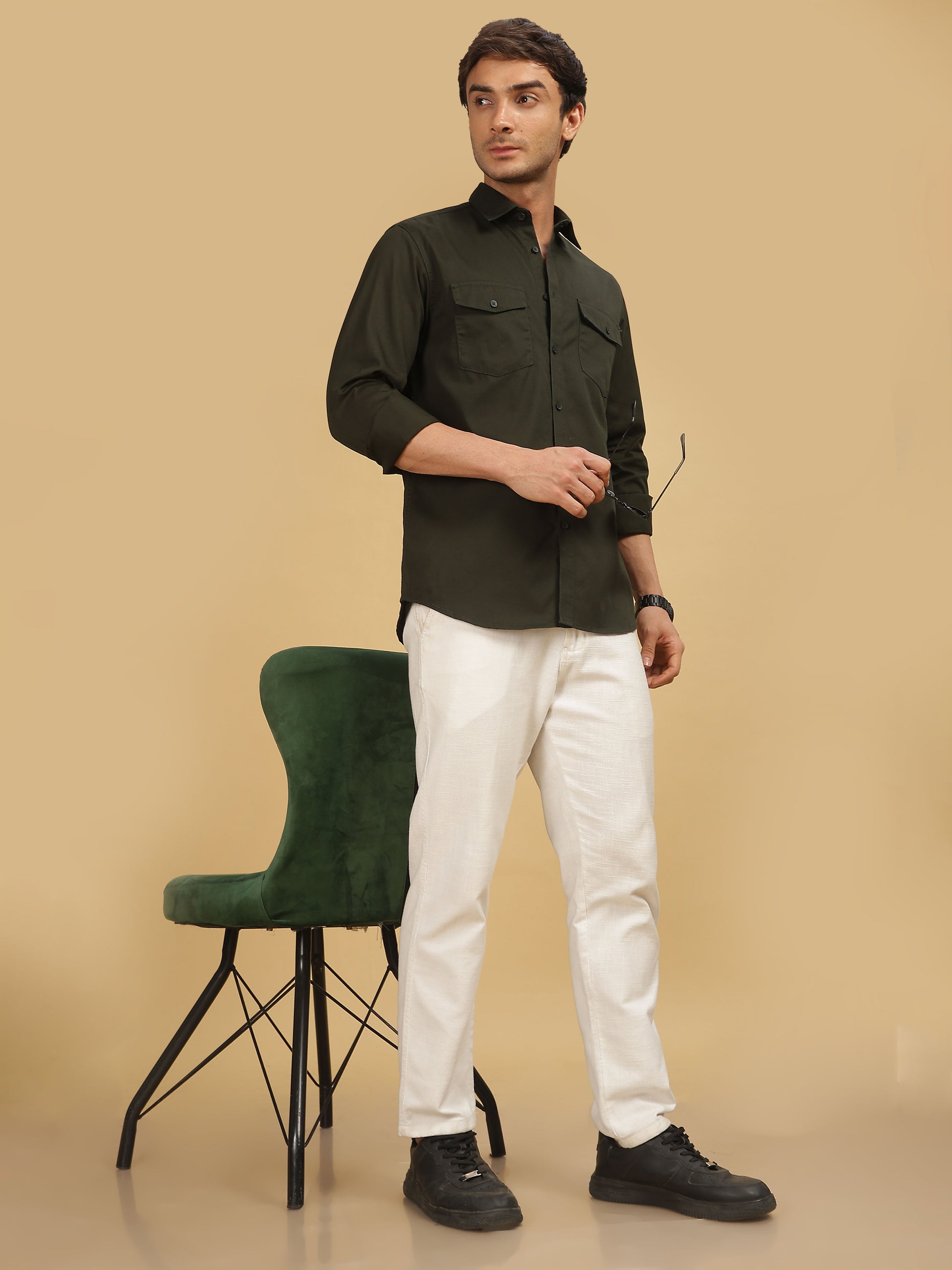 Double Pocket Dark Olive Green Shirt For Men