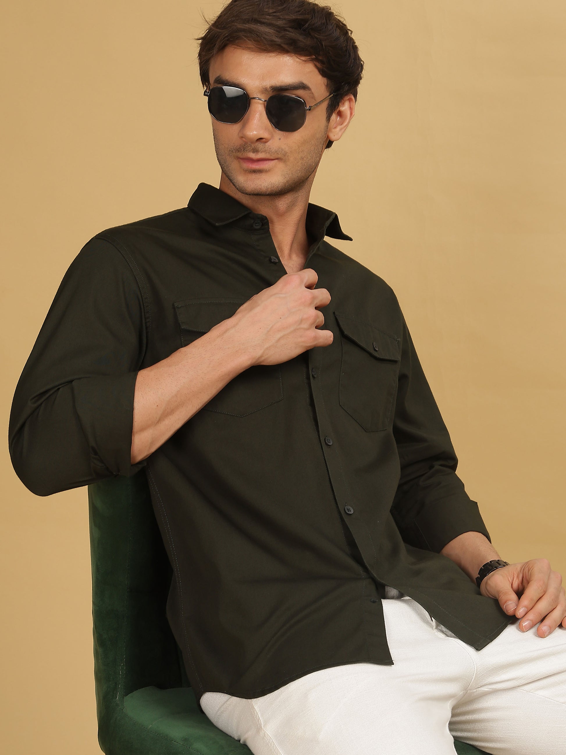 Double Pocket Dark Olive Green Shirt For Men