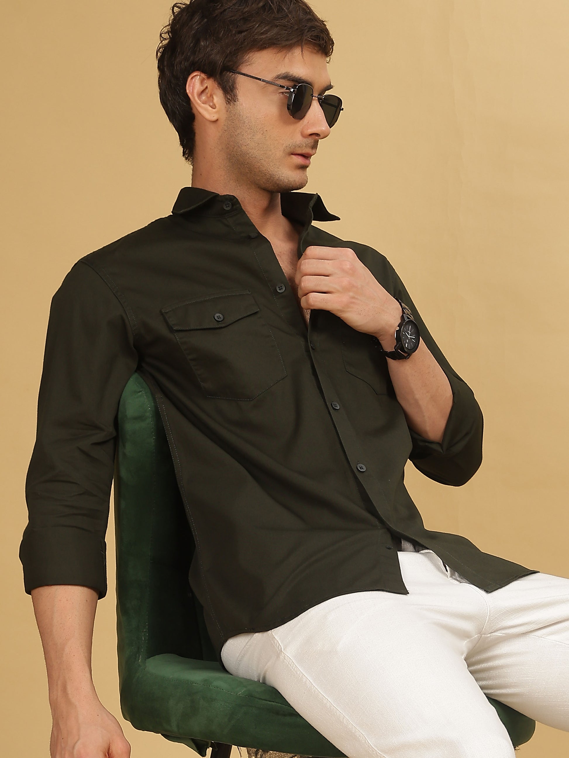 Double Pocket Dark Olive Green Shirt For Men