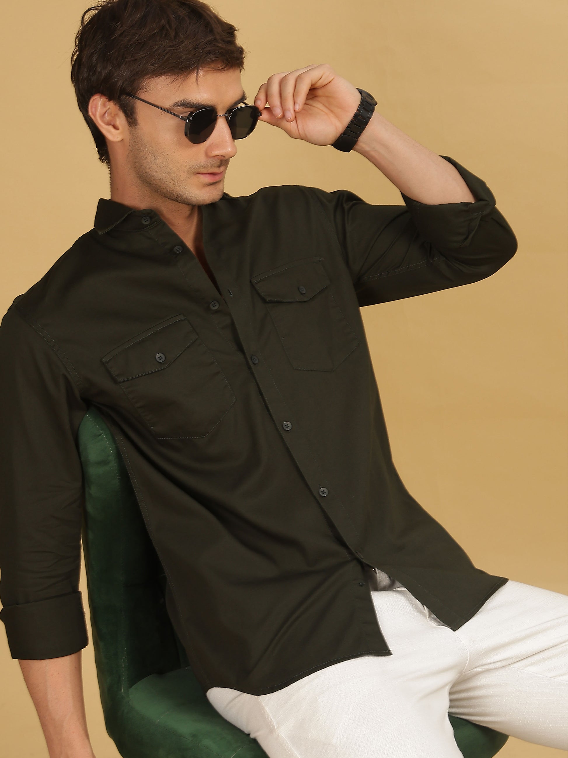 Double Pocket Dark Olive Green Shirt For Men
